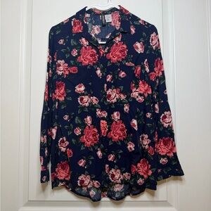 H&M Floral Button Down Shirt - Navy and Pink